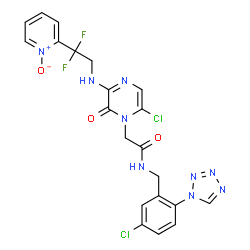 ChemSpider 2D Image | 2-[6-Chloro-3-{[2,2-difluoro-2-(1-oxido-2-pyridinyl)ethyl]amino}-2-oxo-1(2H)-pyrazinyl]-N-[5-chloro-2-(1H-tetrazol-1-yl)benzyl]acetamide | C21H17Cl2F2N9O3