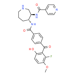 ChemSpider 2D Image | N-[(3R,4R)-4-{[4-(2-Fluoro-6-hydroxy-3-methoxybenzoyl)benzoyl]amino}-3-azepanyl]isonicotinamide | C27H27FN4O5