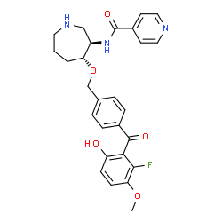 ChemSpider 2D Image | N-[(3R,4R)-4-{[4-(2-Fluoro-6-hydroxy-3-methoxybenzoyl)benzyl]oxy}-3-azepanyl]isonicotinamide | C27H28FN3O5
