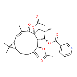 ChemSpider 2D Image | (1aR,2Z,4aR,6S,7S,7aR,8S,11aS)-4a,8-Diacetoxy-1,1,3,6-tetramethyl-9-methylene-4-oxo-1a,4,4a,5,6,7,7a,8,9,10,11,11a-dodecahydro-1H-cyclopenta[a]cyclopropa[f][11]annulen-7-yl nicotinate | C30H37NO7