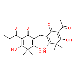 ChemSpider 2D Image | 2-Acetyl-6-[(2,4-dihydroxy-3,3-dimethyl-6-oxo-5-propionyl-1,4-cyclohexadien-1-yl)methyl]-3,5-dihydroxy-4,4-dimethyl-2,5-cyclohexadien-1-one | C22H26O8