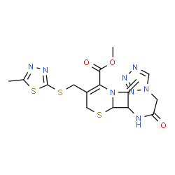 ChemSpider 2D Image | Methyl 8-methylene-3-{[(5-methyl-1,3,4-thiadiazol-2-yl)sulfanyl]methyl}-7-[(1H-tetrazol-1-ylacetyl)amino]-5-thia-1-azabicyclo[4.2.0]oct-2-ene-2-carboxylate | C16H18N8O3S3