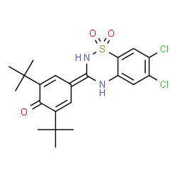 ChemSpider 2D Image | 4-(6,7-Dichloro-1,1-dioxido-2H-1,2,4-benzothiadiazin-3(4H)-ylidene)-2,6-bis(2-methyl-2-propanyl)-2,5-cyclohexadien-1-one | C21H24Cl2N2O3S