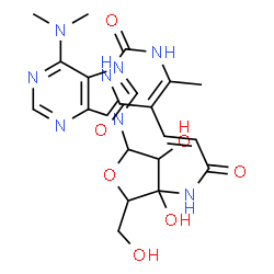 ChemSpider 2D Image | N,N-Dimethyl-9-(3-C-{[(2E)-3-(6-methyl-2,4-dioxo-1,2,3,4-tetrahydro-5-pyrimidinyl)-2-propenoyl]amino}pentofuranosyl)-9H-purin-6-amine | C20H24N8O7