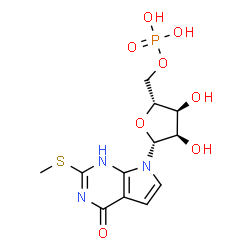 ChemSpider 2D Image | 2-(Methylsulfanyl)-7-(5-O-phosphono-beta-D-ribofuranosyl)-1,7-dihydro-4H-pyrrolo[2,3-d]pyrimidin-4-one | C12H16N3O8PS