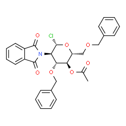 ChemSpider 2D Image | 4-O-Acetyl-3,6-di-O-benzyl-2-deoxy-2-(1,3-dioxo-1,3-dihydro-2H-isoindol-2-yl)-beta-D-glucopyranosyl chloride | C30H28ClNO7