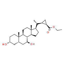 ChemSpider 2D Image | Ethyl (3alpha,5beta,7beta,22R,23R)-3,7-dihydroxy-22,24-cyclocholane-23-carboxylate | C27H44O4