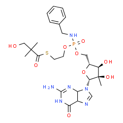 ChemSpider 2D Image | 5'-O-[(Benzylamino){2-[(3-hydroxy-2,2-dimethylpropanoyl)sulfanyl]ethoxy}phosphoryl]-2'-C-methyl-4,5-dihydroguanosine | C25H37N6O9PS