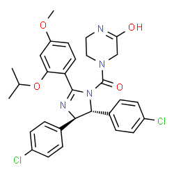 ChemSpider 2D Image | [(4R,5R)-4,5-Bis(4-chlorophenyl)-2-(2-isopropoxy-4-methoxyphenyl)-4,5-dihydro-1H-imidazol-1-yl](5-hydroxy-3,6-dihydro-1(2H)-pyrazinyl)methanone | C30H30Cl2N4O4