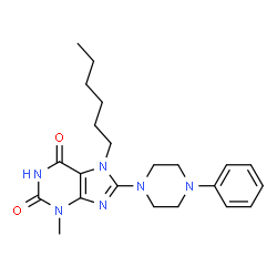 ChemSpider 2D Image | 7-hexyl-3-methyl-8-(4-phenyl-1-piperazinyl)purine-2,6-dione | C22H30N6O2