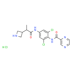 ChemSpider 2D Image | N-(4-{[2-(3-Azetidinyl)propanoyl]amino}-2,6-dichlorophenyl)-2-pyrazinecarboxamide hydrochloride (1:1) | C17H18Cl3N5O2