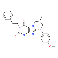 ChemSpider 2D Image | 9-(4-Methoxyphenyl)-1,7-dimethyl-3-(2-phenylethyl)-6,7,8,9-tetrahydropyrimido[2,1-f]purine-2,4(1H,3H)-dione | C25H27N5O3
