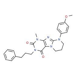 ChemSpider 2D Image | 9-(4-Methoxyphenyl)-1-methyl-3-(3-phenylpropyl)-6,7,8,9-tetrahydropyrimido[2,1-f]purine-2,4(1H,3H)-dione | C25H27N5O3