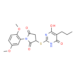 ChemSpider 2D Image | 1-(2,5-Dimethoxyphenyl)-3-[(4-hydroxy-6-oxo-5-propyl-1,6-dihydro-2-pyrimidinyl)sulfanyl]-2,5-pyrrolidinedione | C19H21N3O6S