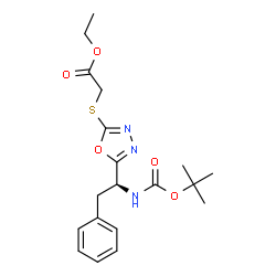 ChemSpider 2D Image | Ethyl ({5-[(1S)-1-({[(2-methyl-2-propanyl)oxy]carbonyl}amino)-2-phenylethyl]-1,3,4-oxadiazol-2-yl}sulfanyl)acetate | C19H25N3O5S