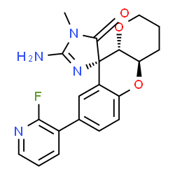 ChemSpider 2D Image | (4S,4a'R,10a'S)-2-Amino-8'-(2-fluoro-3-pyridinyl)-1-methyl-3',4',4a',10a'-tetrahydro-2'H-spiro[imidazole-4,10'-pyrano[3,2-b]chromen]-5(1H)-one | C20H19FN4O3