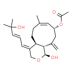 ChemSpider 2D Image | (1S,4E,4aS,7Z,9R,11aR)-1-Hydroxy-4-[(2E)-4-hydroxy-4-methyl-2-penten-1-ylidene]-7-methyl-11-methylene-1,3,4,4a,5,6,9,10,11,11a-decahydrocyclonona[c]pyran-9-yl acetate | C22H32O5