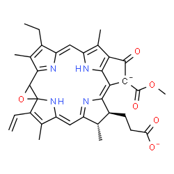 ChemSpider 2D Image | 3-[(3S,4S)-14-Ethyl-21-(methoxycarbonyl)-4,8,13,18-tetramethyl-20-oxo-9-vinyl-3,4,20,21,23,25-hexahydro-11H-phorbin-21-id-3-yl]propanoate | C35H34N4O6