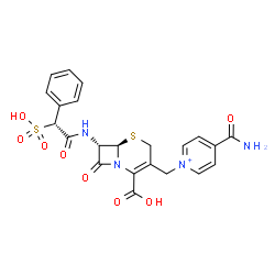 ChemSpider 2D Image | 4-Carbamoyl-1-{[(6R,7S)-2-carboxy-8-oxo-7-{[(2R)-2-phenyl-2-sulfoacetyl]amino}-5-thia-1-azabicyclo[4.2.0]oct-2-en-3-yl]methyl}pyridinium | C22H21N4O8S2