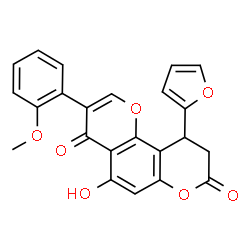 ChemSpider 2D Image | 10-(2-Furyl)-5-hydroxy-3-(2-methoxyphenyl)-9,10-dihydro-4H,8H-pyrano[2,3-f]chromene-4,8-dione | C23H16O7