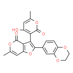 ChemSpider 2D Image | 2-(2,3-Dihydro-1,4-benzodioxin-6-yl)-3-(4-hydroxy-6-methyl-2-oxo-2H-pyran-3-yl)-6-methyl-4H-furo[3,2-c]pyran-4-one | C22H16O8
