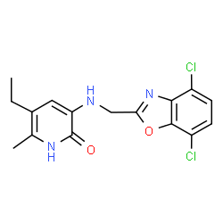 ChemSpider 2D Image | 3-[(4,7-Dichloro-2-benzoxazolylmethyl)amino]-5-ethyl-6-methylpyridin-2(1H)-one | C16H15Cl2N3O2