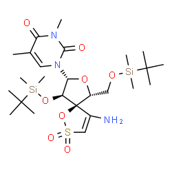 ChemSpider 2D Image | 1-[(5R,6R,8R,9R)-4-amino-9-{[tert-butyl(dimethyl)silyl]oxy}-6-({[tert-butyl(dimethyl)silyl]oxy}methyl)-2,2-dioxido-1,7-dioxa-2-thiaspiro[4.4]non-3-en-8-yl]-3,5-dimethylpyrimidine-2,4(1H,3H)-dione | C25H45N3O8SSi2