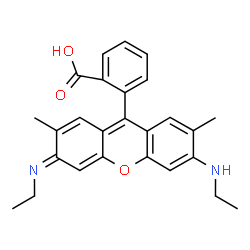 ChemSpider 2D Image | 2-[(3E)-6-(Ethylamino)-3-(ethylimino)-2,7-dimethyl-3H-xanthen-9-yl]benzoic acid | C26H26N2O3