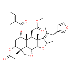 ChemSpider 2D Image | (2aR,3R,5S,5aR,6R,6aR,8R,10aS,10bR)-3-Acetoxy-8-(3-furyl)-6-(2-methoxy-2-oxoethyl)-2a,5a,6a,7-tetramethyl-2a,4,5,5a,6,6a,8,9,9a,10a,10b,10c-dodecahydro-2H,3H-cyclopenta[b]furo[2',3',4':4,5]naphtho[2,3
-d]furan-5-yl (2E)-2-methyl-2-butenoate | C34H44O9
