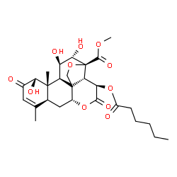 ChemSpider 2D Image | Methyl (1alpha,8xi,11beta,12alpha,13beta,15beta)-15-(hexanoyloxy)-1,11,12-trihydroxy-2,16-dioxo-13,20-epoxypicras-3-en-21-oate | C27H36O11