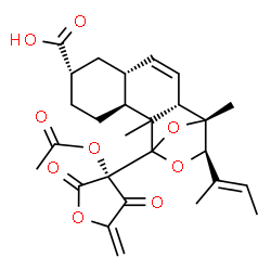 ChemSpider 2D Image | (3S,6S,8R,11S,12R,13R)-1-[(3S)-3-Acetoxy-5-methylene-2,4-dioxotetrahydro-3-furanyl]-13-[(2E)-2-buten-2-yl]-2,12-dimethyl-14,15-dioxatetracyclo[10.2.1.0~2,11~.0~3,8~]pentadec-9-ene-6-carboxylic acid | C27H32O9