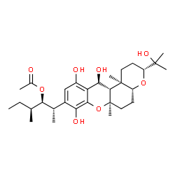 ChemSpider 2D Image | (2S,3R,4S)-4-Methyl-2-[(3R,4aR,6aR,12S,12aS,12bR)-8,11,12-trihydroxy-3-(2-hydroxy-2-propanyl)-6a,12b-dimethyl-1,2,3,4a,5,6,6a,12,12a,12b-decahydropyrano[3,2-a]xanthen-9-yl]-3-hexanyl acetate | C30H46O8