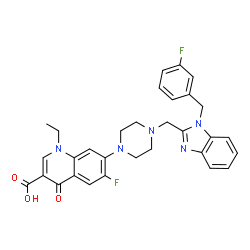 ChemSpider 2D Image | 1-Ethyl-6-fluoro-7-(4-{[1-(3-fluorobenzyl)-1H-benzimidazol-2-yl]methyl}-1-piperazinyl)-4-oxo-1,4-dihydro-3-quinolinecarboxylic acid | C31H29F2N5O3