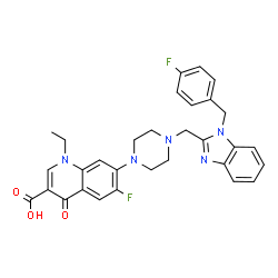 ChemSpider 2D Image | 1-Ethyl-6-fluoro-7-(4-{[1-(4-fluorobenzyl)-1H-benzimidazol-2-yl]methyl}-1-piperazinyl)-4-oxo-1,4-dihydro-3-quinolinecarboxylic acid | C31H29F2N5O3