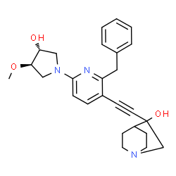 ChemSpider 2D Image | 3-({2-Benzyl-6-[(3R,4R)-3-hydroxy-4-methoxy-1-pyrrolidinyl]-3-pyridinyl}ethynyl)quinuclidin-3-ol | C26H31N3O3