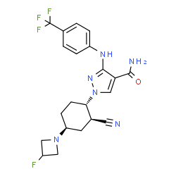 ChemSpider 2D Image | 1-[(1S,2S,4S)-2-Cyano-4-(3-fluoro-1-azetidinyl)cyclohexyl]-3-{[4-(trifluoromethyl)phenyl]amino}-1H-pyrazole-4-carboxamide | C21H22F4N6O