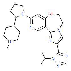 ChemSpider 2D Image | 2-(1-Isopropyl-1H-1,2,4-triazol-5-yl)-9-[2-(1-methyl-4-piperidinyl)-1-pyrrolidinyl]-5,6-dihydroimidazo[1,2-d]pyrido[3,4-f][1,4]oxazepine | C25H34N8O