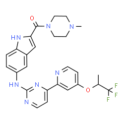 ChemSpider 2D Image | (4-Methyl-1-piperazinyl){5-[(4-{4-[(1,1,1-trifluoro-2-propanyl)oxy]-2-pyridinyl}-2-pyrimidinyl)amino]-1H-indol-2-yl}methanone | C26H26F3N7O2
