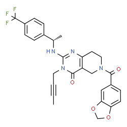 ChemSpider 2D Image | 6-(1,3-Benzodioxol-5-ylcarbonyl)-3-(2-butyn-1-yl)-2-({(1S)-1-[4-(trifluoromethyl)phenyl]ethyl}amino)-5,6,7,8-tetrahydropyrido[4,3-d]pyrimidin-4(3H)-one | C28H25F3N4O4