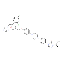 ChemSpider 2D Image | 2-[(2R)-2-Butanyl]-4-{4-[4-(4-{[2-(2,4-dichlorophenyl)-2-(1H-1,2,4-triazol-1-ylmethyl)-1,3-dioxolan-4-yl]methoxy}phenyl)-1-piperazinyl]phenyl}-2,4-dihydro-3H-1,2,4-triazol-3-one | C35H38Cl2N8O4