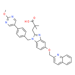ChemSpider 2D Image | 3-{1-[4-(2-Methoxy-5-pyrimidinyl)benzyl]-5-(2-quinolinylmethoxy)-1H-benzimidazol-2-yl}-2,2-dimethylpropanoic acid | C34H31N5O4