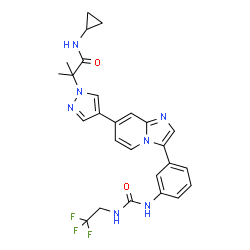 ChemSpider 2D Image | N-Cyclopropyl-2-methyl-2-{4-[3-(3-{[(2,2,2-trifluoroethyl)carbamoyl]amino}phenyl)imidazo[1,2-a]pyridin-7-yl]-1H-pyrazol-1-yl}propanamide | C26H26F3N7O2
