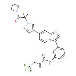 ChemSpider 2D Image | 1-[3-(7-{1-[1-(1-Azetidinyl)-2-methyl-1-oxo-2-propanyl]-1H-pyrazol-4-yl}imidazo[1,2-a]pyridin-3-yl)phenyl]-3-(2,2,2-trifluoroethyl)urea | C26H26F3N7O2