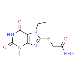 ChemSpider 2D Image | 2-[(7-Ethyl-3-methyl-2,6-dioxo-2,3,6,7-tetrahydro-1H-purin-8-yl)sulfanyl]acetamide | C10H13N5O3S