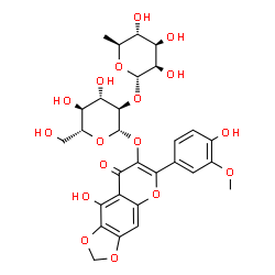 ChemSpider 2D Image | 9-Hydroxy-6-(4-hydroxy-3-methoxyphenyl)-8-oxo-8H-[1,3]dioxolo[4,5-g]chromen-7-yl 2-O-(6-deoxy-alpha-L-mannopyranosyl)-beta-D-glucopyranoside | C29H32O17