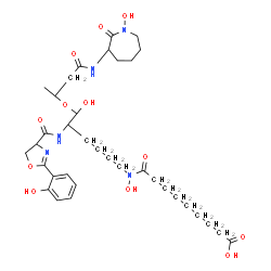 ChemSpider 2D Image | 9-{Hydroxy[(5S,6R)-6-hydroxy-6-{[(2S)-4-{[(3S)-1-hydroxy-2-oxo-3-azepanyl]amino}-4-oxo-2-butanyl]oxy}-5-({[(4S)-2-(2-hydroxyphenyl)-4,5-dihydro-1,3-oxazol-4-yl]carbonyl}amino)hexyl]amino}-9-oxononanoi
c acid | C35H53N5O12