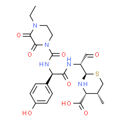 ChemSpider 2D Image | (2R,4R,5R)-2-[(1R)-1-{[(2R)-2-{[(4-Ethyl-2,3-dioxo-1-piperazinyl)carbonyl]amino}-2-(4-hydroxyphenyl)acetyl]amino}-2-oxoethyl]-5-methyl-1,3-thiazinane-4-carboxylic acid | C23H29N5O8S