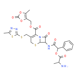 ChemSpider 2D Image | (5-Methyl-2-oxo-1,3-dioxol-4-yl)methyl 7-{[(alanyloxy)(phenyl)acetyl]amino}-3-{[(5-methyl-1,3,4-thiadiazol-2-yl)sulfanyl]methyl}-8-oxo-5-thia-1-azabicyclo[4.2.0]oct-2-ene-2-carboxylate | C27H27N5O9S3