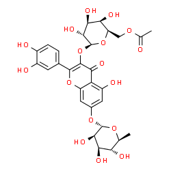 ChemSpider 2D Image | 7-[(6-Deoxy-alpha-L-mannopyranosyl)oxy]-2-(3,4-dihydroxyphenyl)-5-hydroxy-4-oxo-4H-chromen-3-yl 6-O-acetyl-beta-D-galactopyranoside | C29H32O17