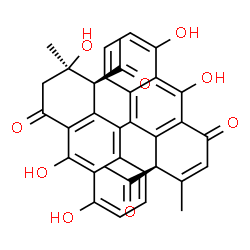 ChemSpider 2D Image | (1S,1'R,2R)-1,1'-Diacetyl-2,5,5',10,10'-pentahydroxy-2,2'-dimethyl-2,3-dihydro-9,9'-bianthracene-4,4'(1H,1'H)-dione | C34H28O9